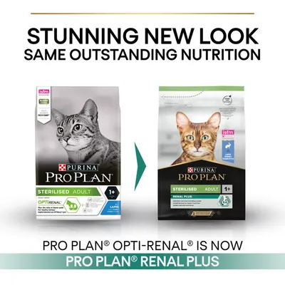 Purina Pro Plan Sterilised Adult cat food packaging change: Opti-Renal is now Renal Plus. Both packs shown with cats, 1+ years, visible ISFM logo, same outstanding nutrition claim.