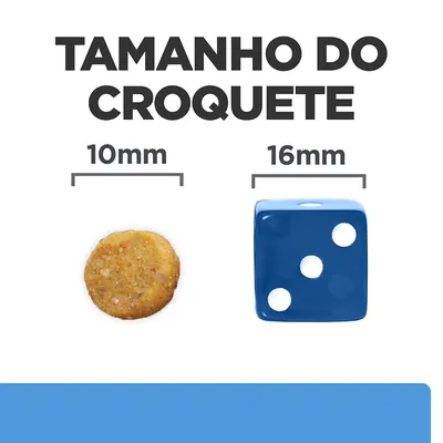 Tamanho do croquete: comparação visual entre um croquete de 10 mm e um dado azul de 16 mm. Texto visível: 'TAMANHO DO CROQUETE', '10 mm', '16 mm'.