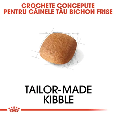 CROCHETE CONCEPUTE PENTRU CÂINELE TĂU BICHON FRISE. Tailor-made kibble. Imagine cu o croșetă de hrană uscată pentru câini.