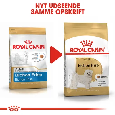 To poser Royal Canin Adult Bichon Frise hundefoder med forskelligt design. Tekst øverst: NYT UDSEENDE SAMME OPSKRIFT.