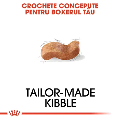 CROCHETE CONCEPUTE PENTRU BOXERUL TĂU. Tailor-made kibble. Imagine cu o croșetă de hrană uscată pentru câini, formă specială.