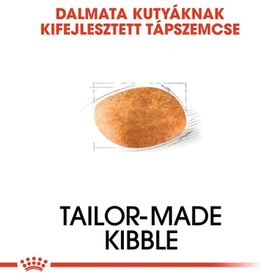 Dalmatakutyáknak kifejlesztett tápszemcse. Tailor-made kibble felirat, egy ovális barna tápszemcse rajzzal.