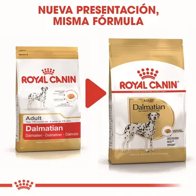 Cambio de envase de Royal Canin Adult Dalmatian. Texto: 'Nueva presentación, misma fórmula'. Se muestran dos bolsas con el nombre y la imagen del perro dálmata.