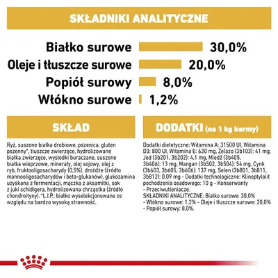 Składniki analityczne: białko surowe 30 %, oleje i tłuszcze surowe 20 %, popiół surowy 8 %, włókno surowe 1,2 %. Skład, dodatki i wartości odżywcze karmy widoczne na etykiecie.