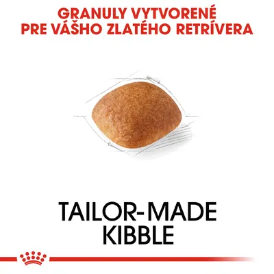 Granuly vytvorené pre vášho zlatého retrívera. TAILOR-MADE KIBBLE. Zobrazená jedna granula krmiva.