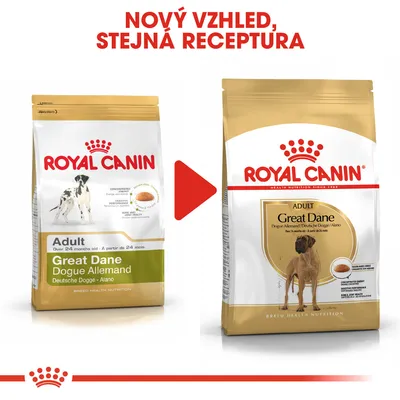 Porovnání starého a nového obalu krmiva Royal Canin Adult Great Dane s textem: Nový vzhled, stejná receptura.