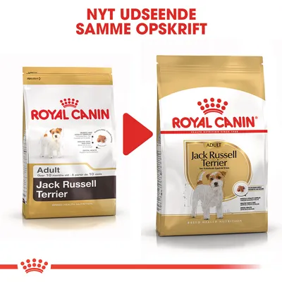 ROYAL CANIN Jack Russell Terrier Adult hundefoder, to poser med forskelligt design. Tekst øverst: NYT UDSEENDE SAMME OPSKRIFT.