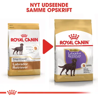 Royal Canin Sterilised Labrador Retriever tørfoder, to poser med forskelligt design. Tekst: NYT UDSEENDE SAMME OPSKRIFT.