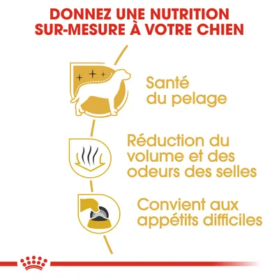 Texte : Donnez une nutrition sur-mesure à votre chien. Santé du pelage, réduction du volume et des odeurs des selles, convient aux appétits difficiles.