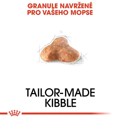 Granule navržené pro vašeho mopse. TAILOR-MADE KIBBLE. Zobrazení tvaru jedné granule.