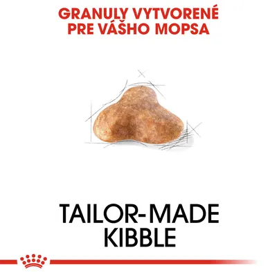 Granuly vytvorené pre vášho mopsa. Tailor-made kibble. Zobrazená jedna granula špeciálneho tvaru.