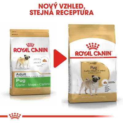Porovnání starého a nového obalu krmiva Royal Canin Adult Pug Carlin Mops Carlino s textem: Nový vzhled, stejná receptura.