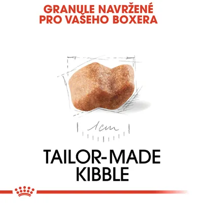 Granule navržené pro vašeho boxera, zobrazení jedné granule s měřítkem 1 cm, text: TAILOR-MADE KIBBLE.