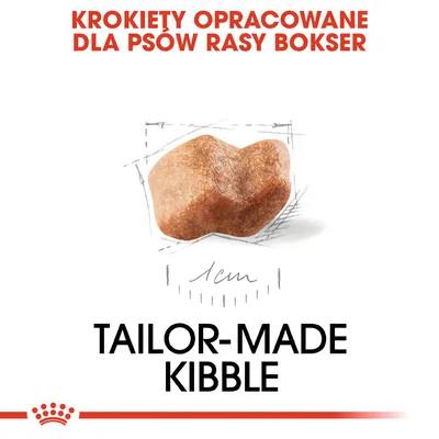 Krokiety opracowane dla psów rasy bokser, ilustracja krokieta o długości 1 cm, tekst: TAILOR-MADE KIBBLE.