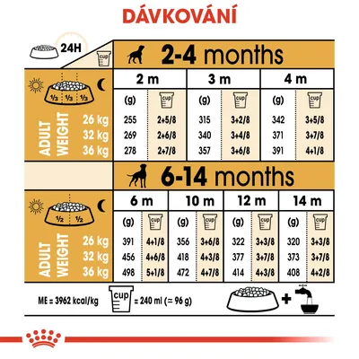 Tabulka dávkování krmiva podle věku štěněte (2–14 měsíců) a hmotnosti v dospělosti (26, 32, 36 kg), uvedeny gramy i odměrky na den. 1 odměrka = 240 ml ≈ 96 g.