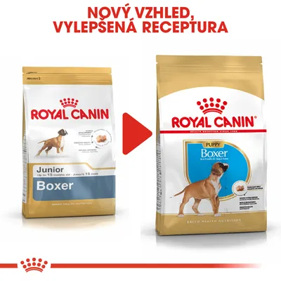 Porovnání starého a nového balení krmiva Royal Canin Boxer pro štěňata, nápis: Nový vzhled, vylepšená receptura. Na obou obalech je pes a text Boxer.