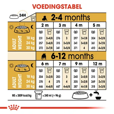 Voedingstabel voor honden: dagelijkse hoeveelheid voer in gram en cups per leeftijd (2–12 maanden) en volwassen gewicht (18, 24, 30 kg). 1 cup = 240 ml (= 96 g), ME = 3859 kcal/kg.