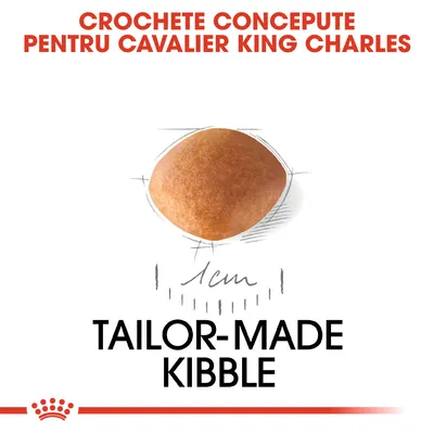 Crochete concepute pentru Cavalier King Charles, dimensiune aproximativ 1 cm, text vizibil: TAILOR-MADE KIBBLE.