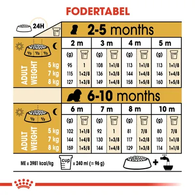 Fodertabel for hundehvalpe: daglige mængder i gram og kopper for voksenvægt 5, 7 og 8 kg fra 2–10 måneder. Kop = 240 ml (ca. 96 g). ME = 3981 kcal/kg. Fordeling morgen/aften vist.