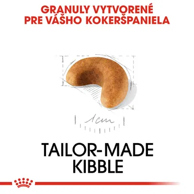 Granuly vytvorené pre vášho kokeršpaniela, obrázok granule s rozmerom 1 cm, text: TAILOR-MADE KIBBLE.