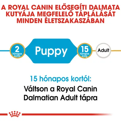 A Royal Canin Dalmatian Puppy 2 hónapos kortól 15 hónapos korig ajánlott, utána váltson Royal Canin Dalmatian Adult tápra. Szöveg magyarul.