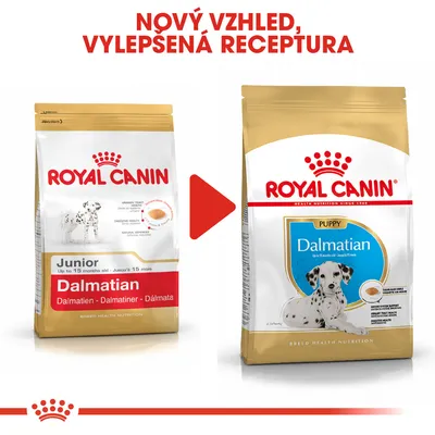 Porovnání starého a nového balení krmiva Royal Canin Dalmatian pro štěňata, nápis 'Nový vzhled, vylepšená receptura' nahoře.