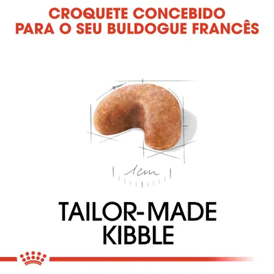 Croquete concebido para o seu Buldogue Francês, diâmetro de 1 cm. Texto em inglês: Tailor-made kibble.