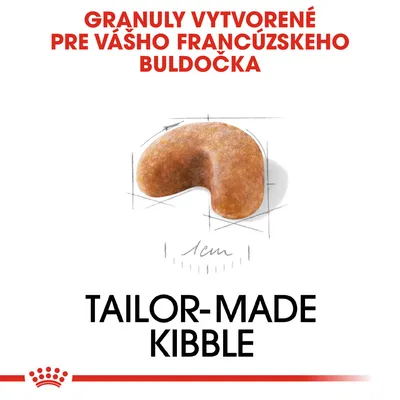 Granuly vytvorené pre vášho francúzskeho buldočka. Tailor-made kibble. Zobrazená granula s rozmerom 1 cm.