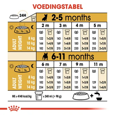 Voedingstabel voor honden: dagelijkse hoeveelheid voer in grammen en cups per leeftijd (2–11 maanden) en volwassen gewicht (8, 10, 14 kg). 1 cup = 240 ml (≈98 g), ME = 4140 kcal/kg.