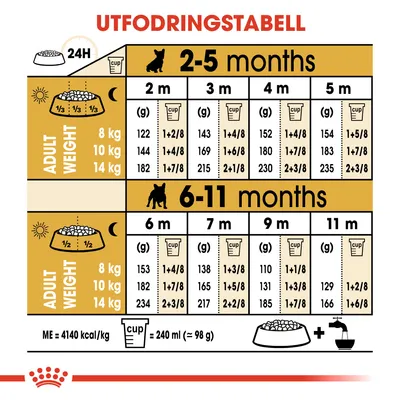 Utfodringstabell för valpar 2–11 månader, uppdelad efter vuxenvikt (8, 10, 14 kg) och ålder. Anger daglig mängd i gram och koppar. 1 kopp = 240 ml (≈98 g).