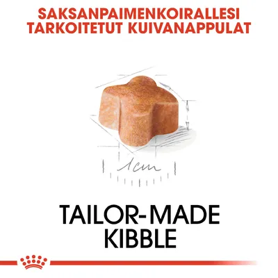 Saksanpaimenkoirallesi tarkoitetut kuivanappulat, nappulan koko noin 1 cm. Teksti: TAILOR-MADE KIBBLE.