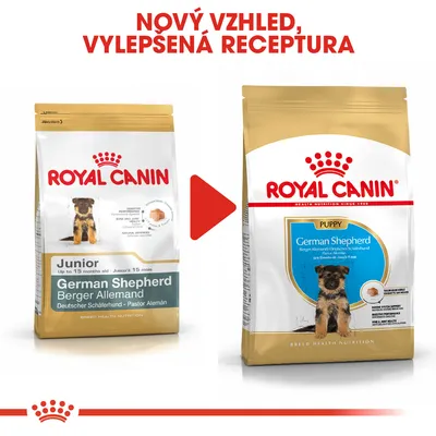Porovnání starého a nového balení krmiva Royal Canin German Shepherd pro štěňata, nápis: Nový vzhled, vylepšená receptura.