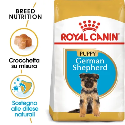 Royal Canin Puppy German Shepherd, crocchetta su misura, sostegno alle difese naturali. Immagine di un cucciolo di pastore tedesco sulla confezione.