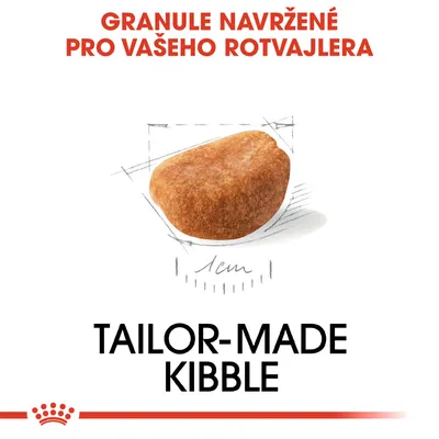 Granule navržené pro vašeho rotvajlera, zobrazená velikost 1 cm. Text: TAILOR-MADE KIBBLE.