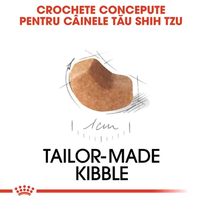 Crochete concepute pentru câinele tău Shih Tzu, dimensiune aproximativ 1 cm, text în engleză: Tailor-made kibble.