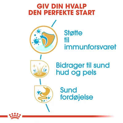 GIV DIN HVALP DEN PERFEKTE START. Støtte til immunforsvaret. Bidrager til sund hud og pels. Sund fordøjelse.