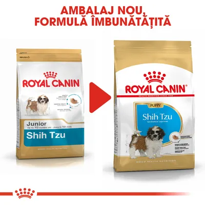 Royal Canin Shih Tzu Junior și Puppy, ambalaj vechi și nou. Text sus: Ambalaj nou, formulă îmbunătățită. Pe ambele pungi: imagine câine Shih Tzu, denumirea produsului vizibilă.