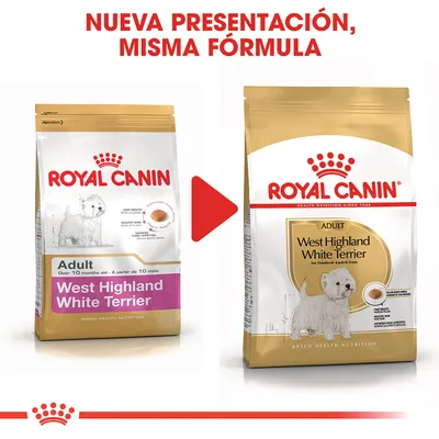 Comparación de dos envases de Royal Canin Adult West Highland White Terrier con texto: 'Nueva presentación, misma fórmula'. Se muestra el cambio de diseño del paquete.
