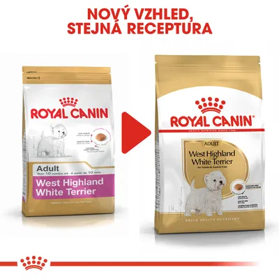 Porovnání starého a nového obalu krmiva Royal Canin Adult West Highland White Terrier s textem: Nový vzhled, stejná receptura.