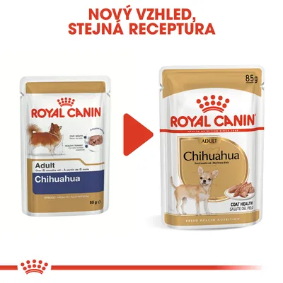 Porovnání starého a nového obalu Royal Canin Adult Chihuahua 85 g s textem: Nový vzhled, stejná receptura.