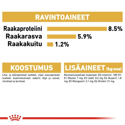 Ravintoaineet: raakaproteiini 8,5 %, raakarasva 5,9 %, raakakuitu 1,2 %. Koostumus: liha- ja eläinperäiset tuotteet, viljat, kasvipohjaiset tuotteet. Lisäaineet: D3-vitamiini, rauta, jodi, kupari, mangaani, sinkki.