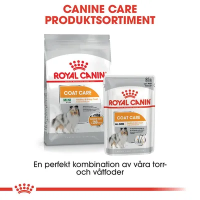 Royal Canin Coat Care Mini torrfoder och Coat Care All Sizes våtfoder, text: Canine Care produktsortiment. En perfekt kombination av våra torr- och våtfoder.