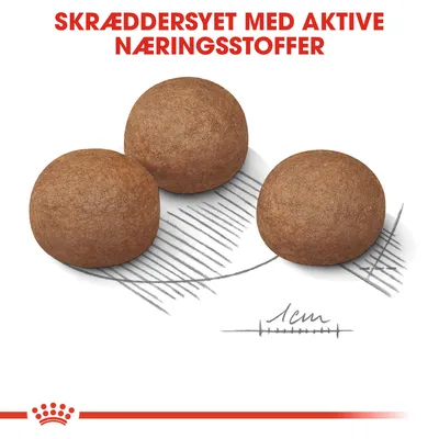 Tre runde foderpiller med tekst: SKRÆDDERSYET MED AKTIVE NÆRINGSSTOFFER. Størrelsesangivelse: 1 cm.