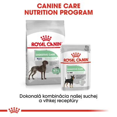 Royal Canin Digestive Care MAXI suché krmivo a Digestive Care ALL SIZES mokré krmivo pre psov, 85 g. Text: Dokonalá kombinácia našej suchej a vlhkej receptúry.