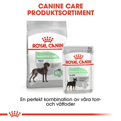 Royal Canin Digestive Care torrfoder MAXI och våtfoder ALL SIZES för hund, text: CANINE CARE PRODUKTSORTIMENT. En perfekt kombination av våra torr- och våtfoder.