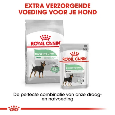 Royal Canin Digestive Care hondenvoer, droog- en natvoeding zichtbaar. Tekst: Extra verzorgende voeding voor je hond. De perfecte combinatie van onze droog- en natvoeding.