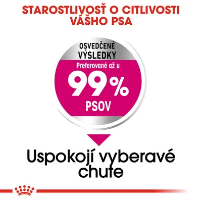 Starostlivosť o citlivosť vášho psa. Osvedčené výsledky: preferované až u 99 % psov. Uspokojí vyberavé chute.