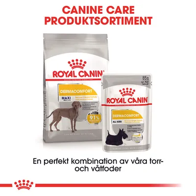 Royal Canin Dermacomfort Maxi torrfoder och Dermacomfort All Sizes våtfoder. Text: Canine Care produktsortiment, en perfekt kombination av våra torr- och våtfoder.