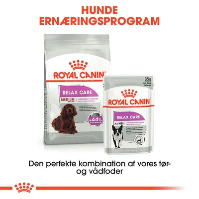 Royal Canin Relax Care Medium tørfoder og Relax Care All Sizes vådfoder. Tekst: HUNDE ERNÆRINGSPROGRAM, Den perfekte kombination af vores tør- og vådfoder.