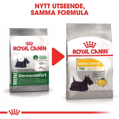 Royal Canin Dermacomfort Mini hundfoder, bild på gammal och ny förpackning. Text: Nytt utseende, samma formula. 91 % nöjda hundägare synligt på nya påsen.